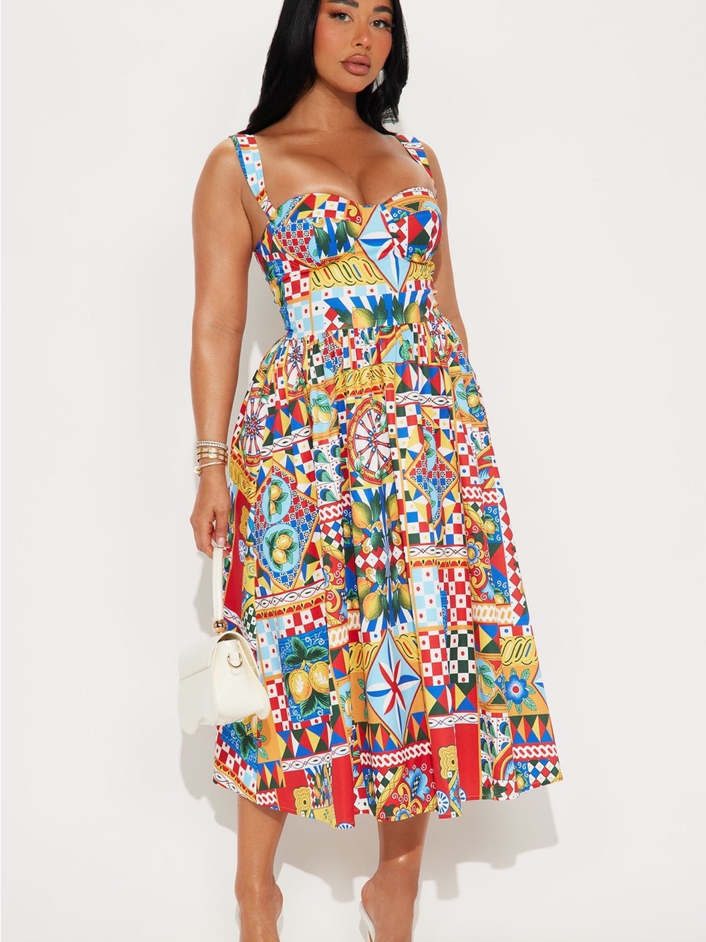 Fashion Nova Bustier Midi Dress in Red, Blue, Yellow, Green